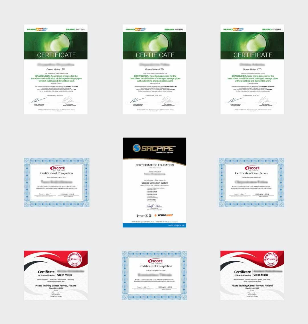 picote-houseliner-sacpro-brawoliner-training-cipp-lining-trenchless-epoxy-coating-sewer-drains-certified-installer Picote, Houseliner, Sacpro, Brawoliner training on cipp lining, trenchless epoxy coating for sewer drains, patch point repair, connection collar system, certified no-dig pipe repair installer - Green Moles Cyprus